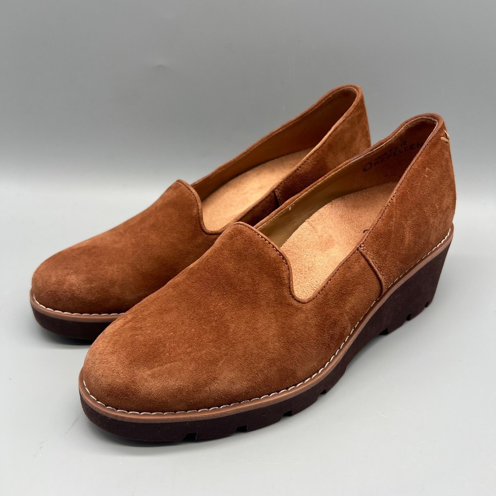 Vionic Willa Wedge Loafers Womens 8 Tobacco Brown Suede Water Repellent Shoes